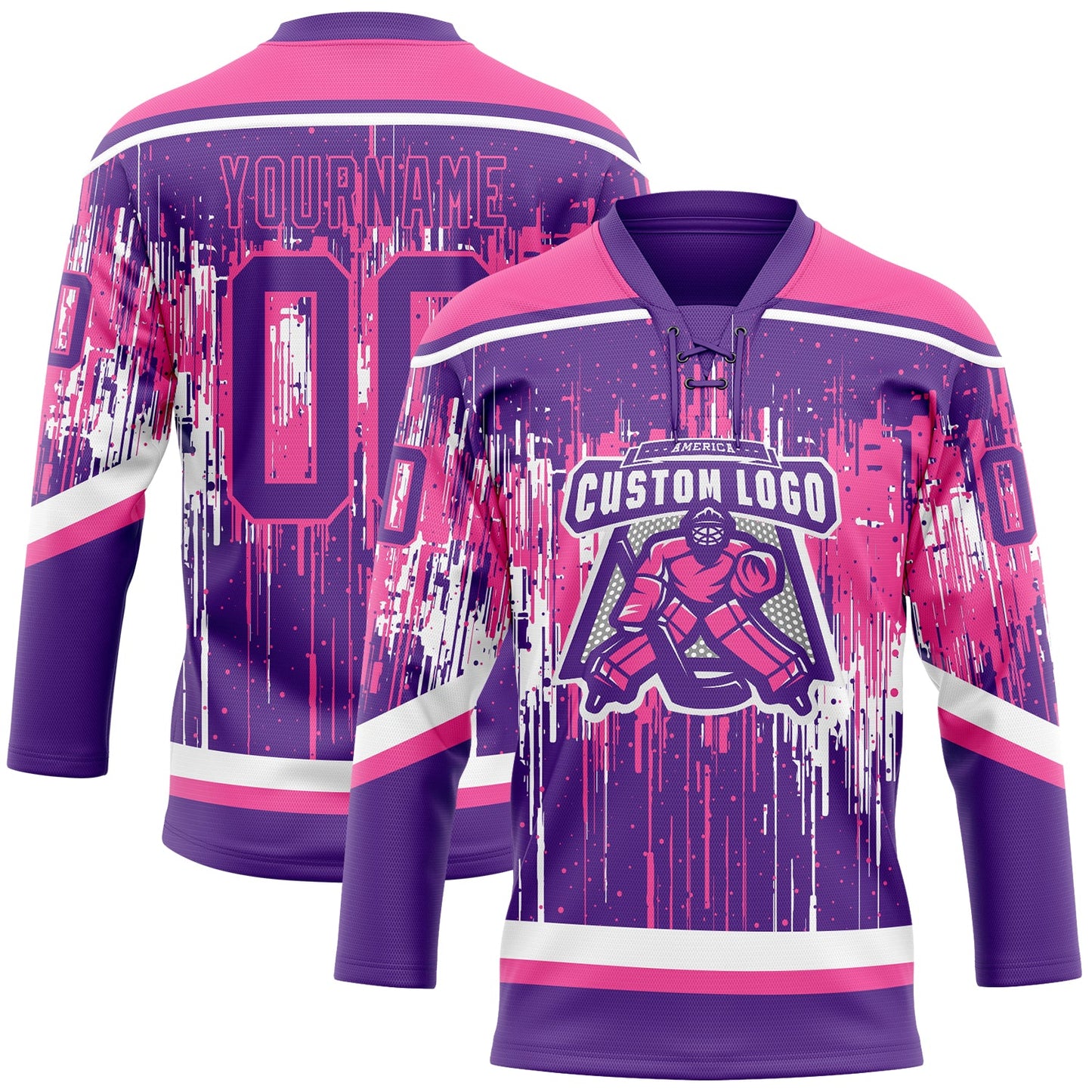 Custom Purple Pink-White Dripping Splatter Pattern Hockey Lace Neck Jersey view 2