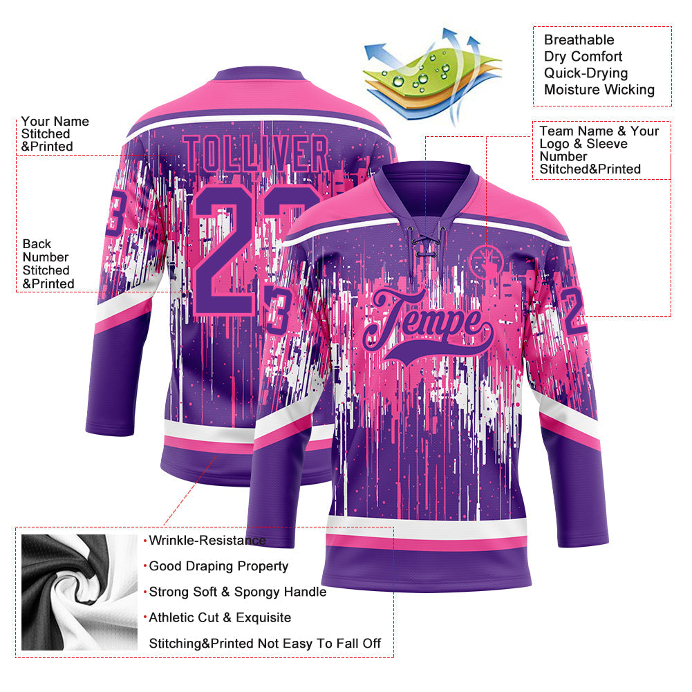 Custom Purple Pink-White Dripping Splatter Pattern Hockey Lace Neck Jersey view 5