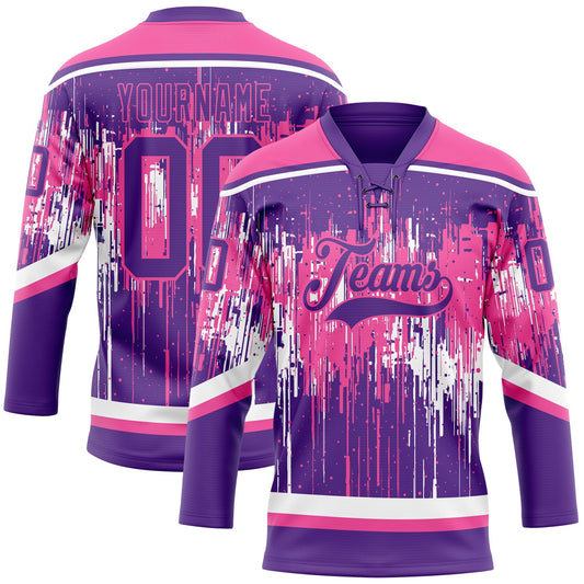 Custom Purple Pink-White Dripping Splatter Pattern Hockey Lace Neck Jersey - Main View
