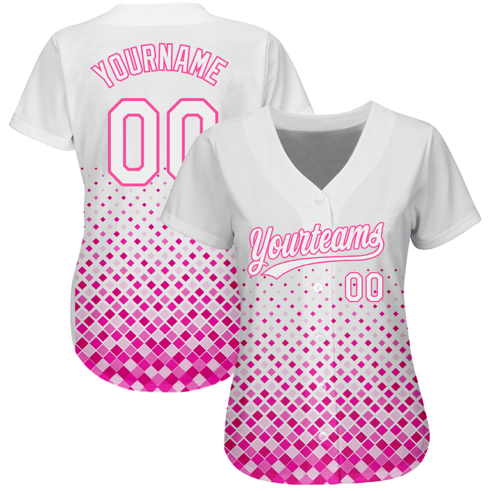 Custom White White-Pink 3D Pattern Design Authentic Baseball Jersey view 2