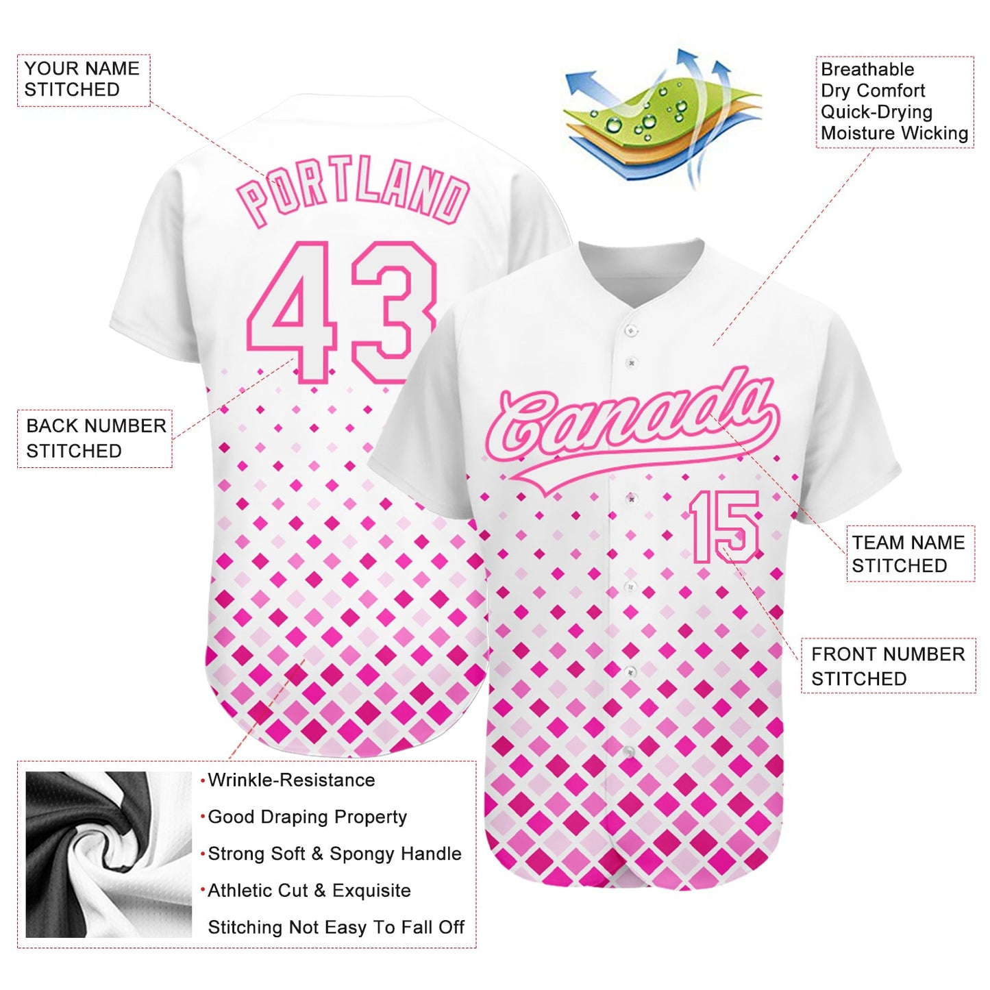 Custom White White-Pink 3D Pattern Design Authentic Baseball Jersey view 3