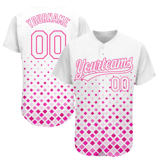 Custom White White-Pink 3D Pattern Design Authentic Baseball Jersey - Main View