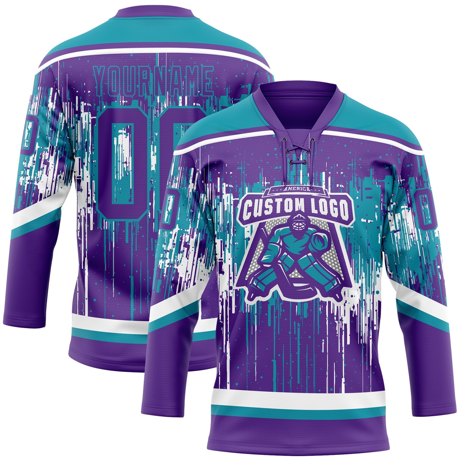 Custom Purple Teal-White Dripping Splatter Pattern Hockey Lace Neck Jersey view 2