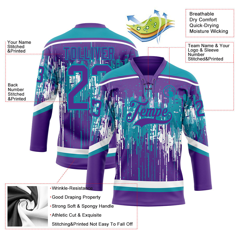 Custom Purple Teal-White Dripping Splatter Pattern Hockey Lace Neck Jersey view 5