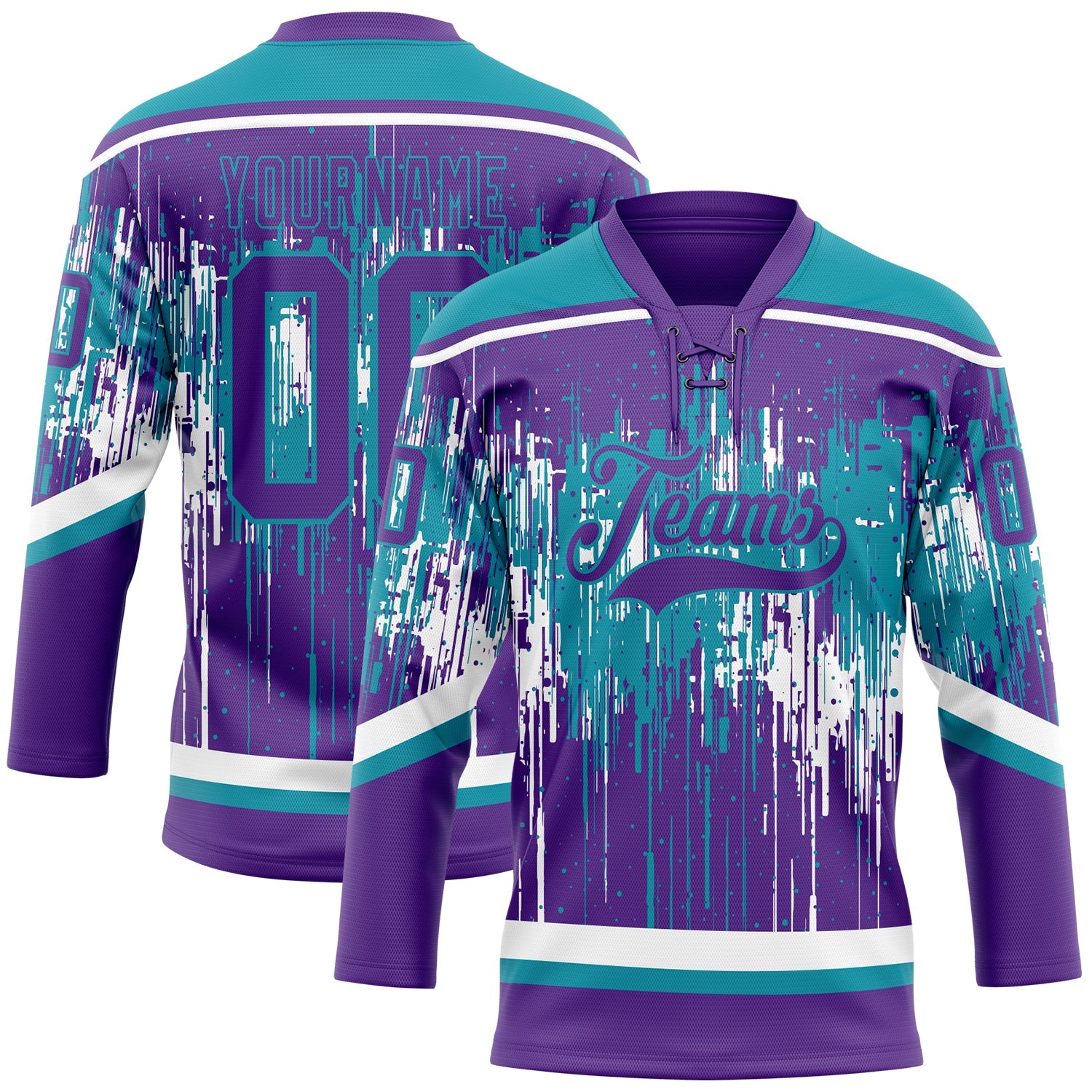 Custom Purple Teal-White Dripping Splatter Pattern Hockey Lace Neck Jersey - Main View