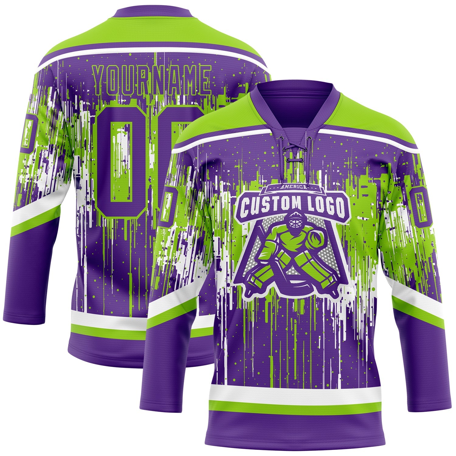 Custom Purple Neon Green-White Dripping Splatter Pattern Hockey Lace Neck Jersey view 2