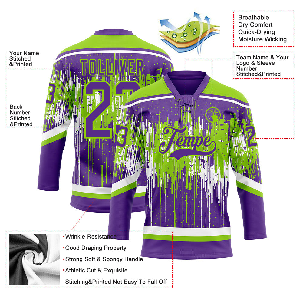 Custom Purple Neon Green-White Dripping Splatter Pattern Hockey Lace Neck Jersey view 5