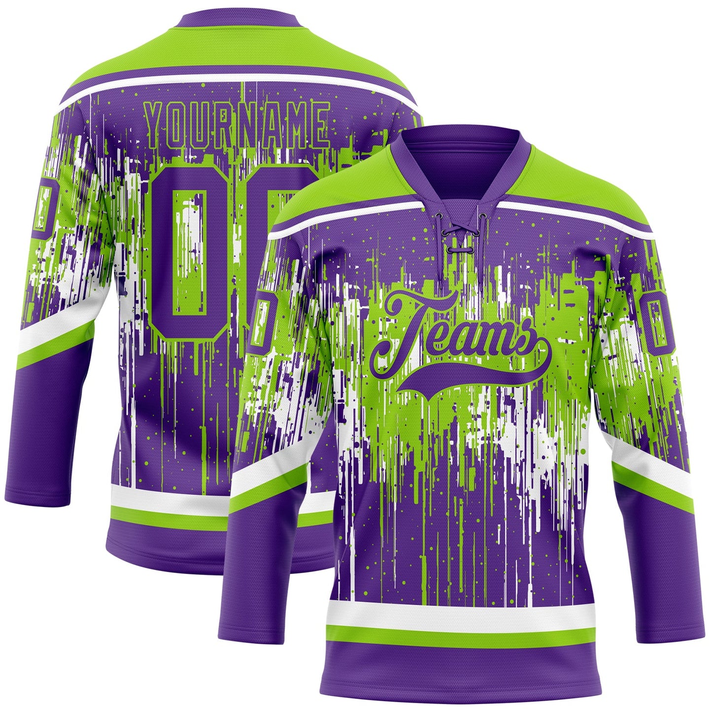 Custom Purple Neon Green-White Dripping Splatter Pattern Hockey Lace Neck Jersey - Main View