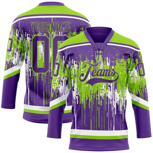 Custom Purple Neon Green-White Dripping Splatter Pattern Hockey Lace Neck Jersey - Main View