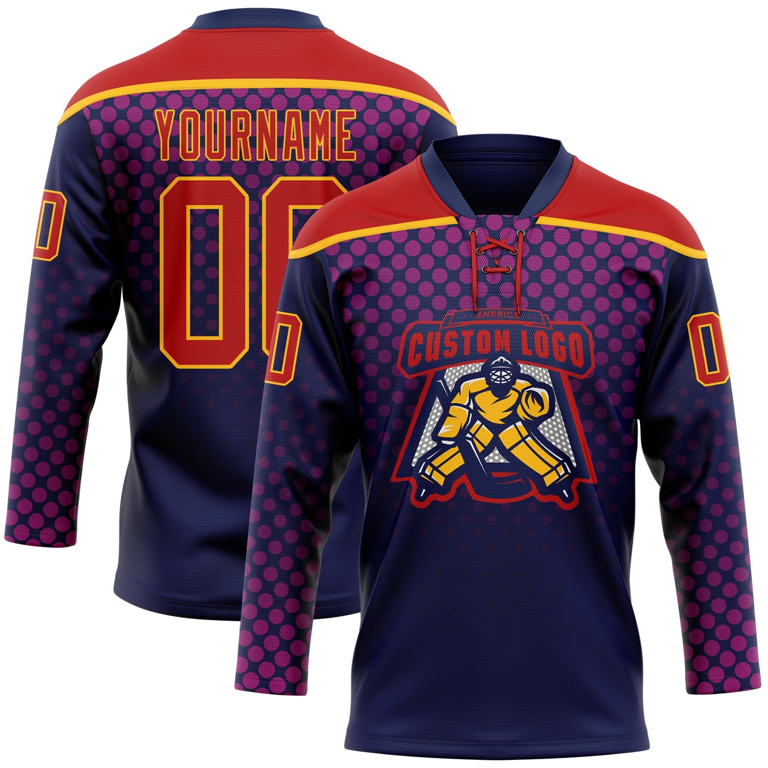 Custom Red Navy-Gold Abstract Gradient Halftone Pattern Hockey Lace Neck Jersey view 2