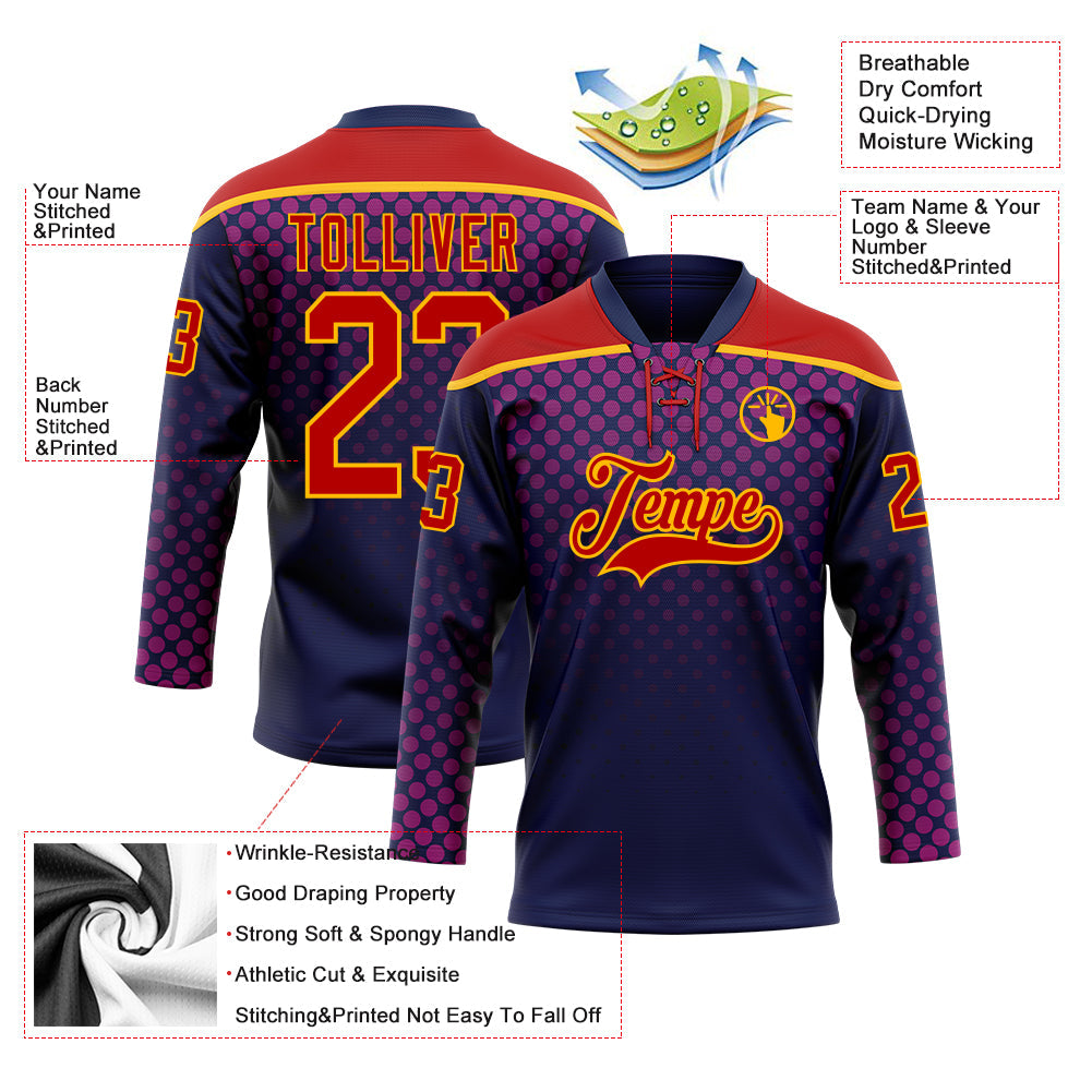 Custom Red Navy-Gold Abstract Gradient Halftone Pattern Hockey Lace Neck Jersey view 5
