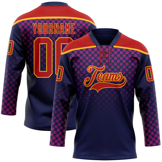 Custom Red Navy-Gold Abstract Gradient Halftone Pattern Hockey Lace Neck Jersey - Main View