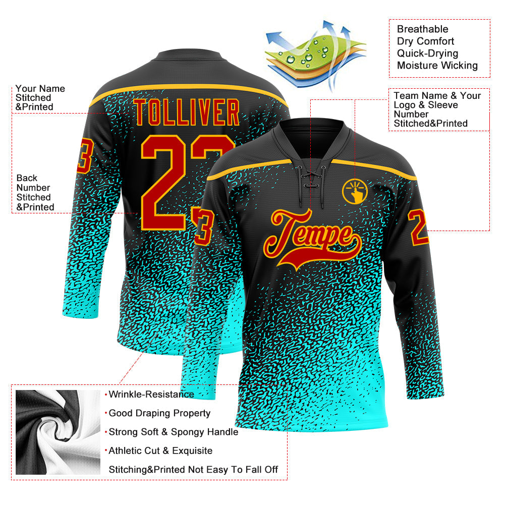 Custom Black Red Blue-Gold Abstract Gradient Halftone Pattern Hockey Lace Neck Jersey view 5