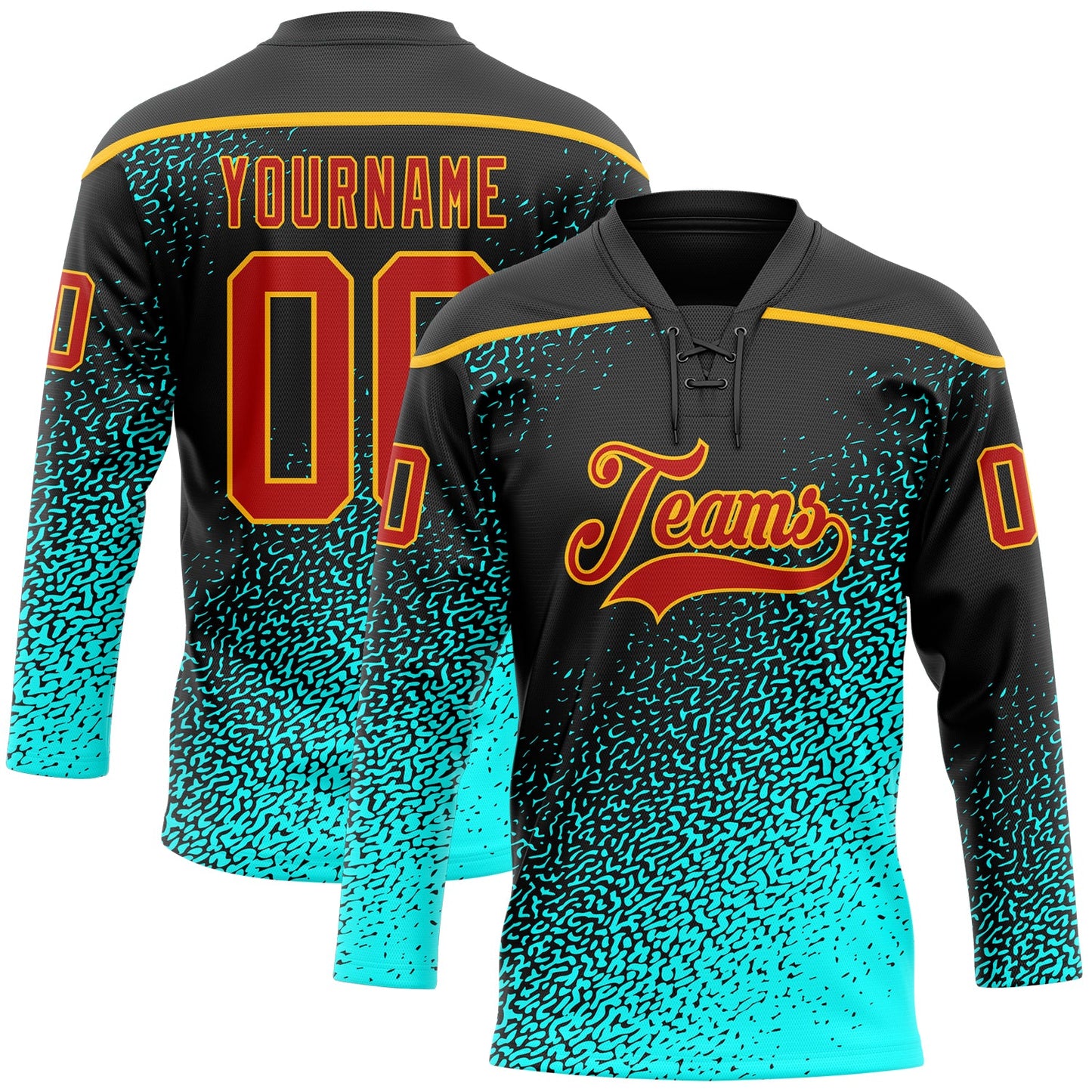 Custom Black Red Blue-Gold Abstract Gradient Halftone Pattern Hockey Lace Neck Jersey - Main View