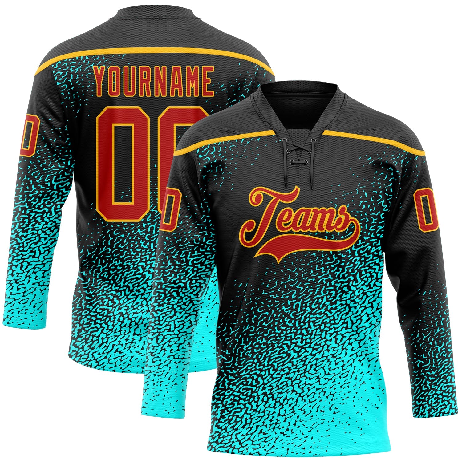 Custom Black Red Blue-Gold Abstract Gradient Halftone Pattern Hockey Lace Neck Jersey - Main View