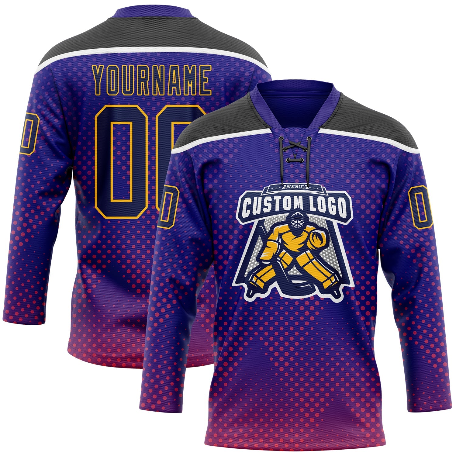 Custom Dark Purple Navy Gold Red Black-White Abstract Gradient Halftone Pattern Hockey Lace Neck Jersey view 2