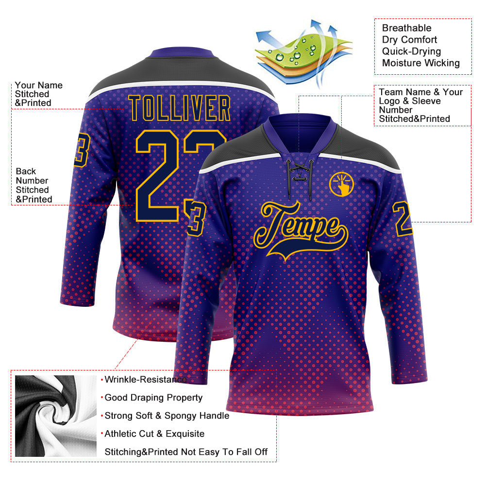 Custom Dark Purple Navy Gold Red Black-White Abstract Gradient Halftone Pattern Hockey Lace Neck Jersey view 5