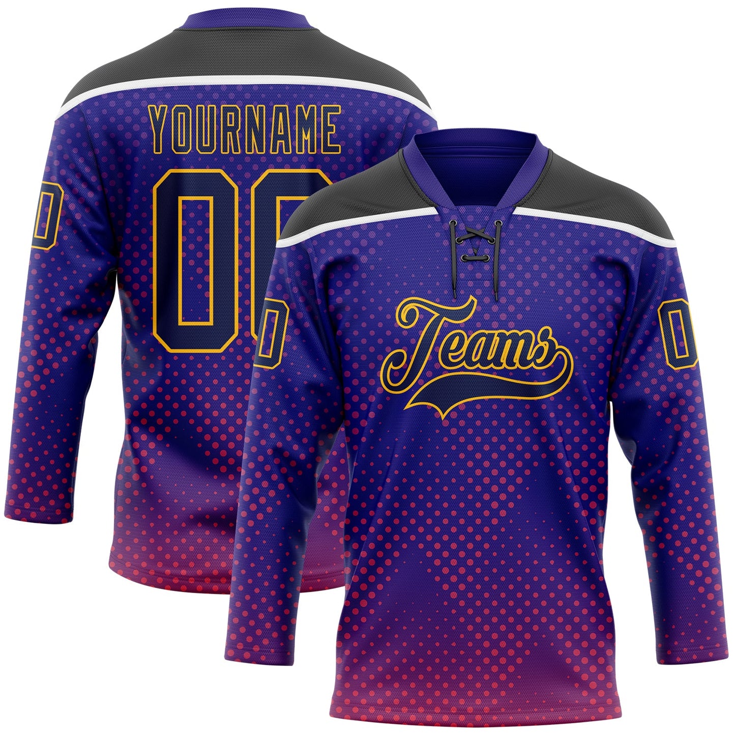 Custom Dark Purple Navy Gold Red Black-White Abstract Gradient Halftone Pattern Hockey Lace Neck Jersey - Main View