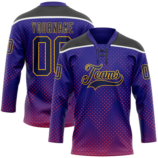 Custom Dark Purple Navy Gold Red Black-White Abstract Gradient Halftone Pattern Hockey Lace Neck Jersey - Main View