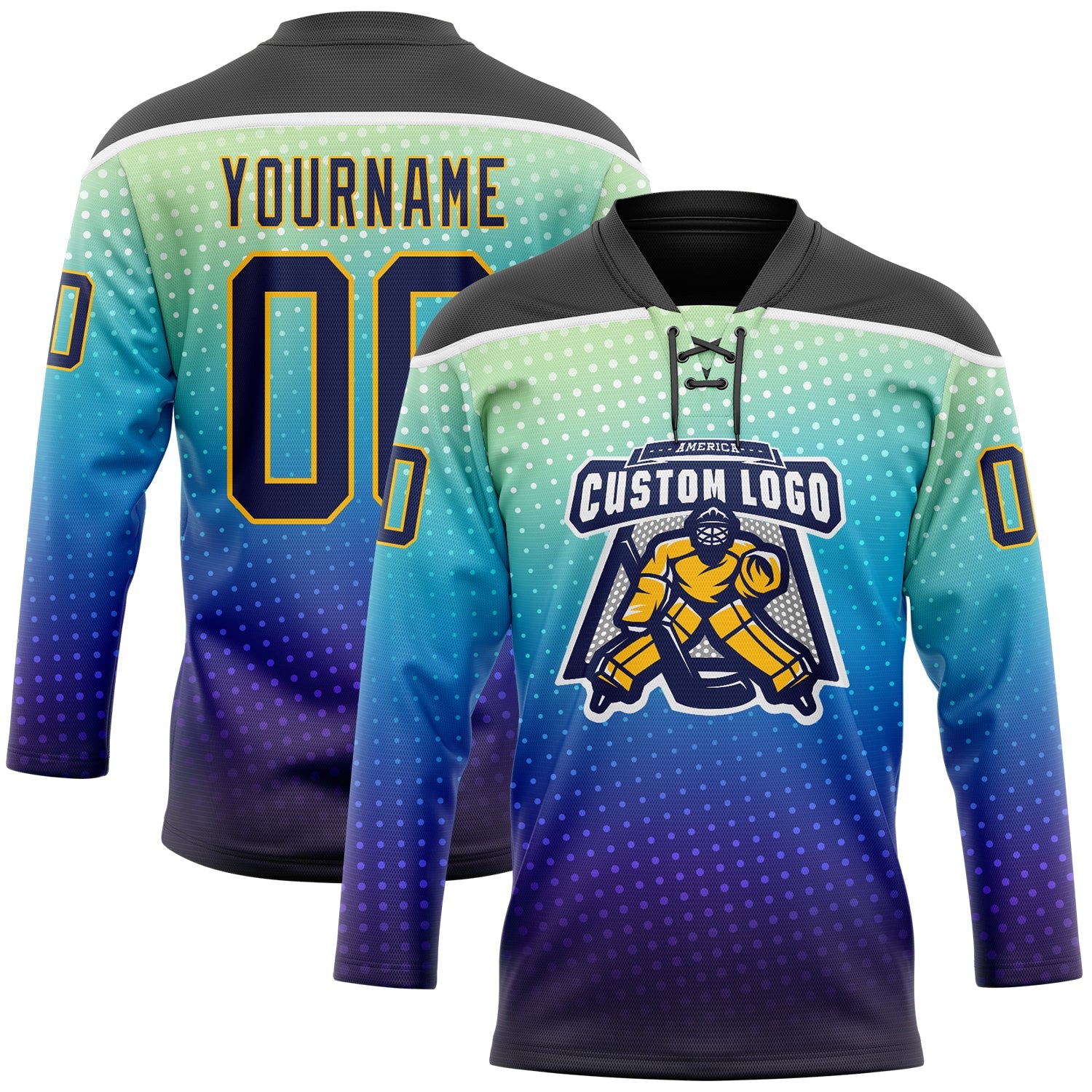 Custom Black Navy Blue Gold-White Abstract Gradient Halftone Pattern Hockey Lace Neck Jersey view 2