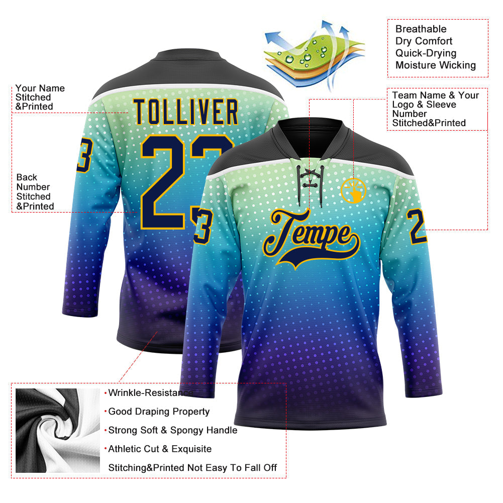 Custom Black Navy Blue Gold-White Abstract Gradient Halftone Pattern Hockey Lace Neck Jersey view 5