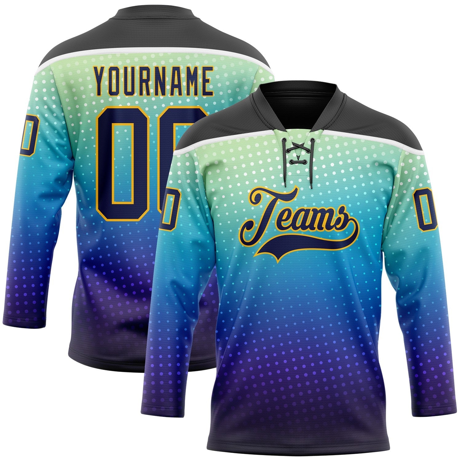 Custom Black Navy Blue Gold-White Abstract Gradient Halftone Pattern Hockey Lace Neck Jersey - Main View