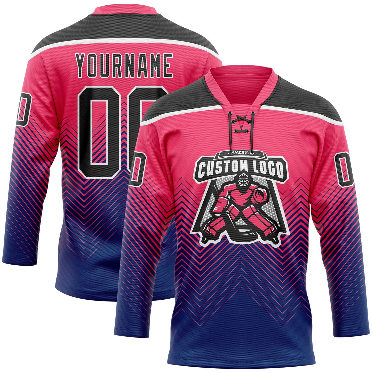 Custom Neon Pink Black Blue-White Abstract Gradient Halftone Pattern Hockey Lace Neck Jersey view 2
