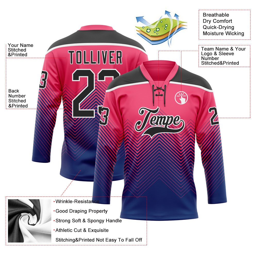 Custom Neon Pink Black Blue-White Abstract Gradient Halftone Pattern Hockey Lace Neck Jersey view 5