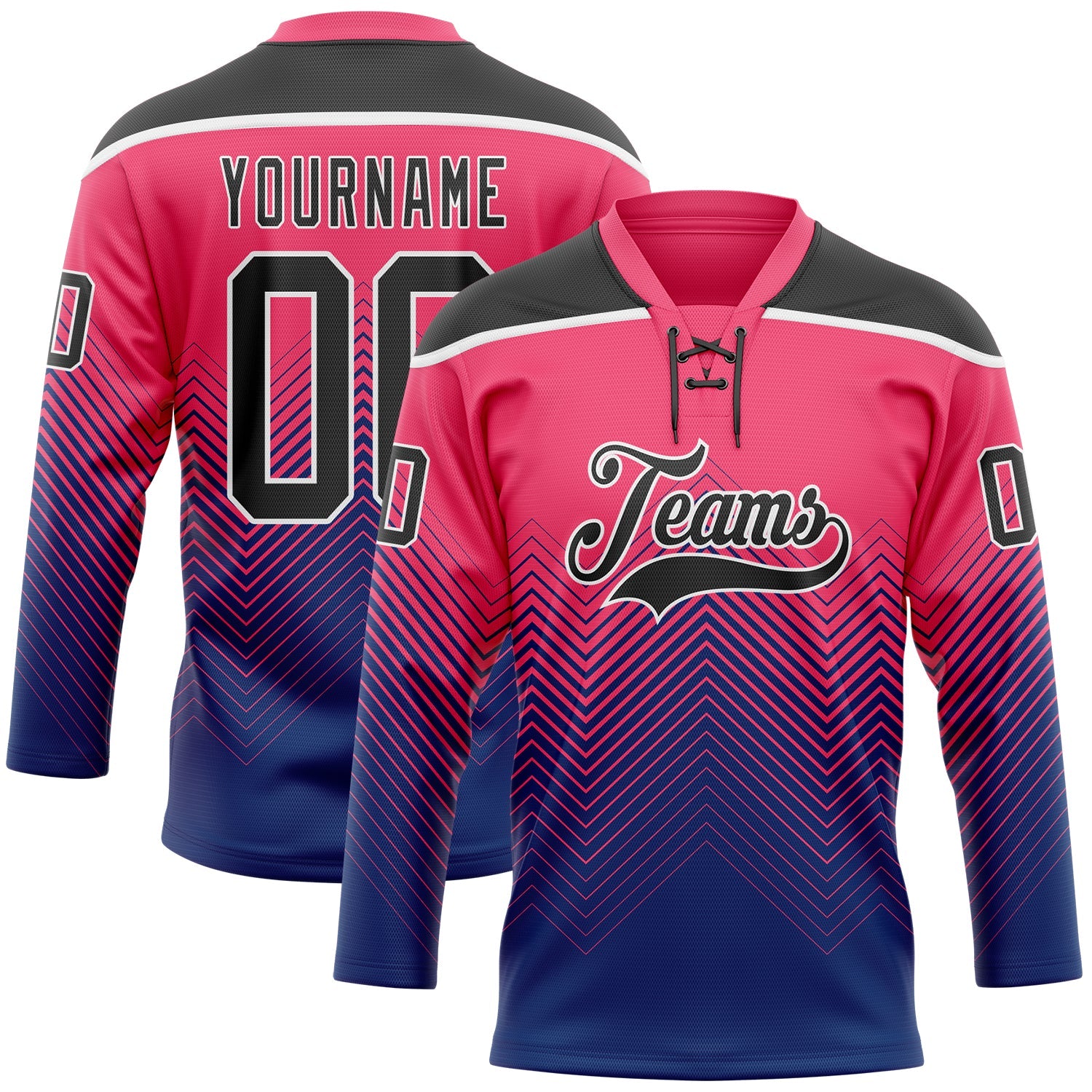 Custom Neon Pink Black Blue-White Abstract Gradient Halftone Pattern Hockey Lace Neck Jersey - Main View