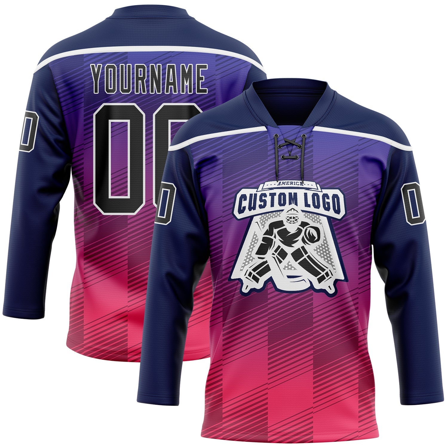 Custom Navy Black Red-White Abstract Gradient Halftone Pattern Hockey Lace Neck Jersey view 2