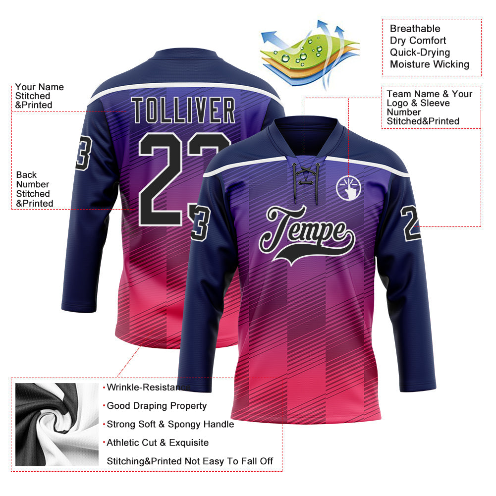 Custom Navy Black Red-White Abstract Gradient Halftone Pattern Hockey Lace Neck Jersey view 5