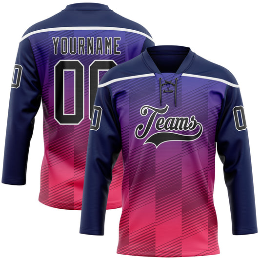 Custom Navy Black Red-White Abstract Gradient Halftone Pattern Hockey Lace Neck Jersey - Main View