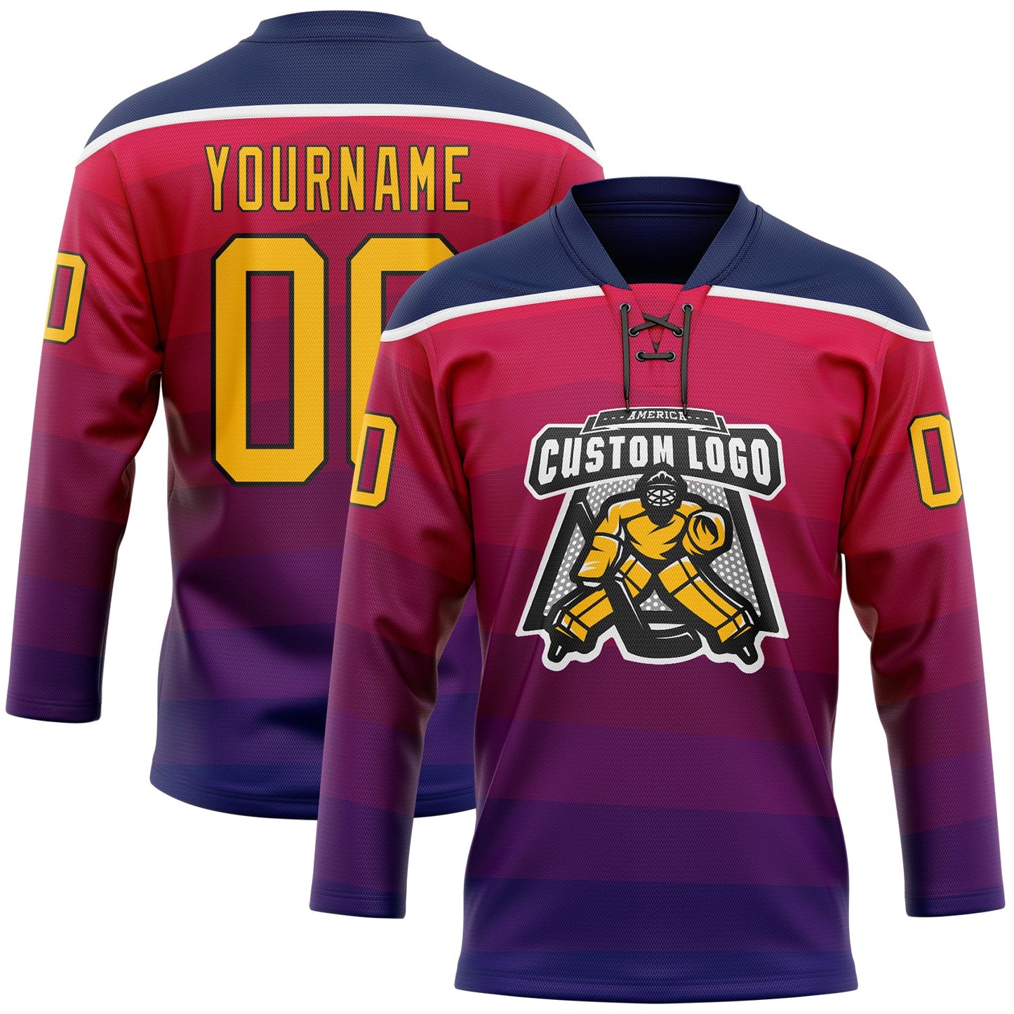 Custom Navy Gold Red Black-White Abstract Gradient Halftone Pattern Hockey Lace Neck Jersey view 2