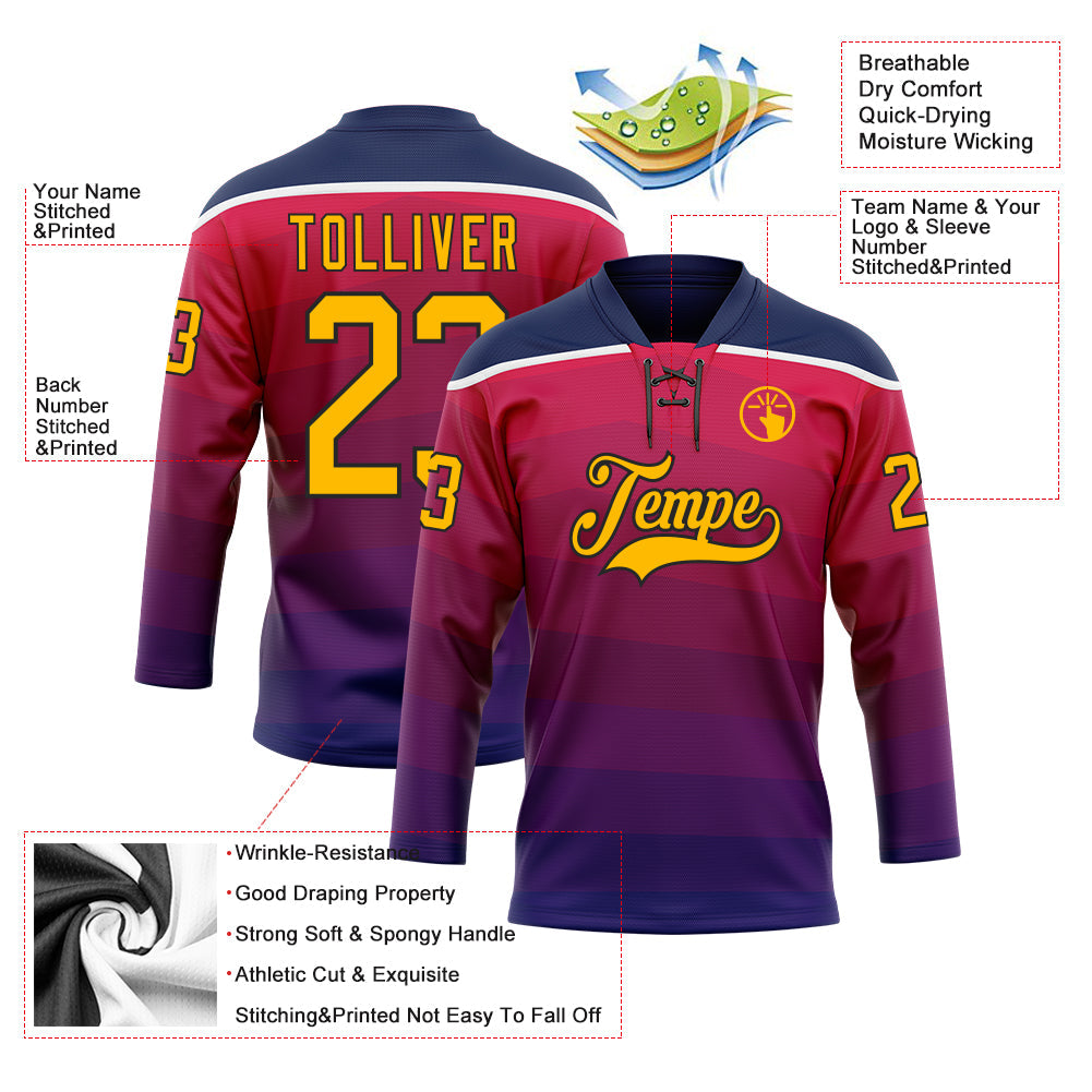 Custom Navy Gold Red Black-White Abstract Gradient Halftone Pattern Hockey Lace Neck Jersey view 5