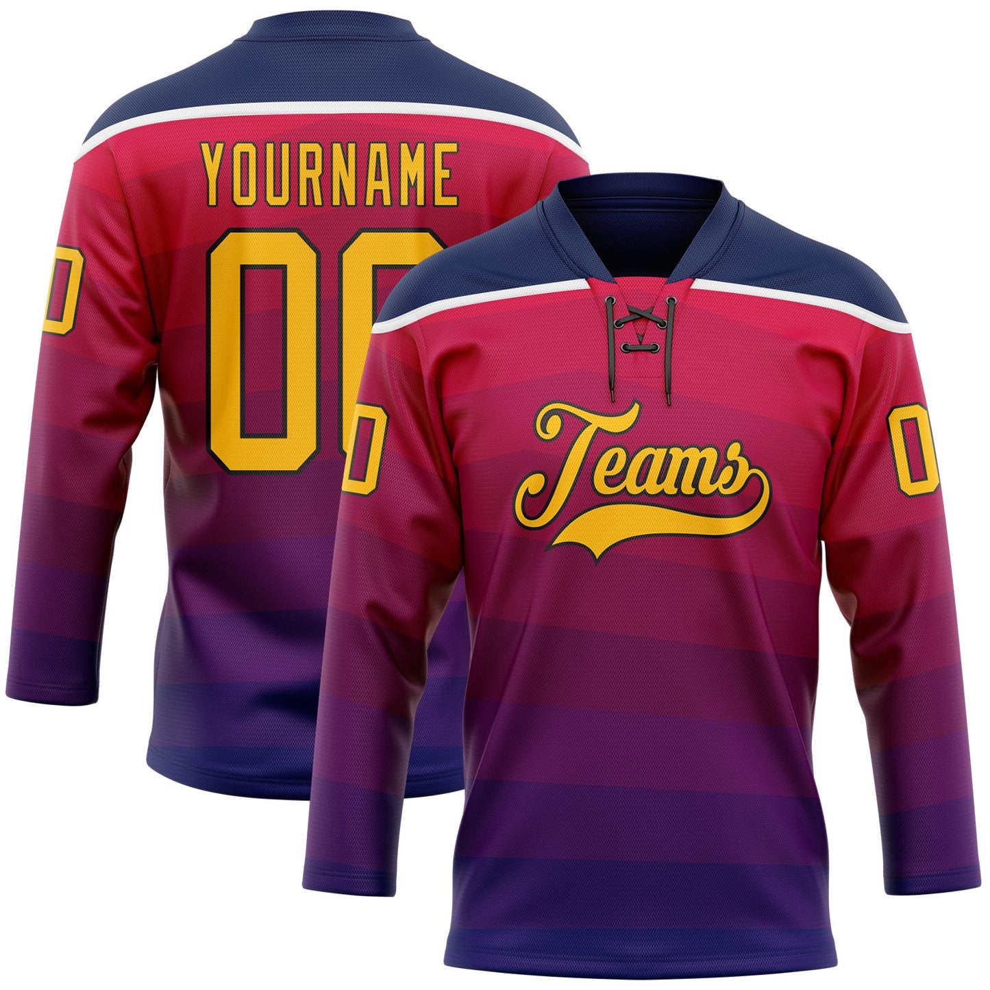 Custom Navy Gold Red Black-White Abstract Gradient Halftone Pattern Hockey Lace Neck Jersey - Main View