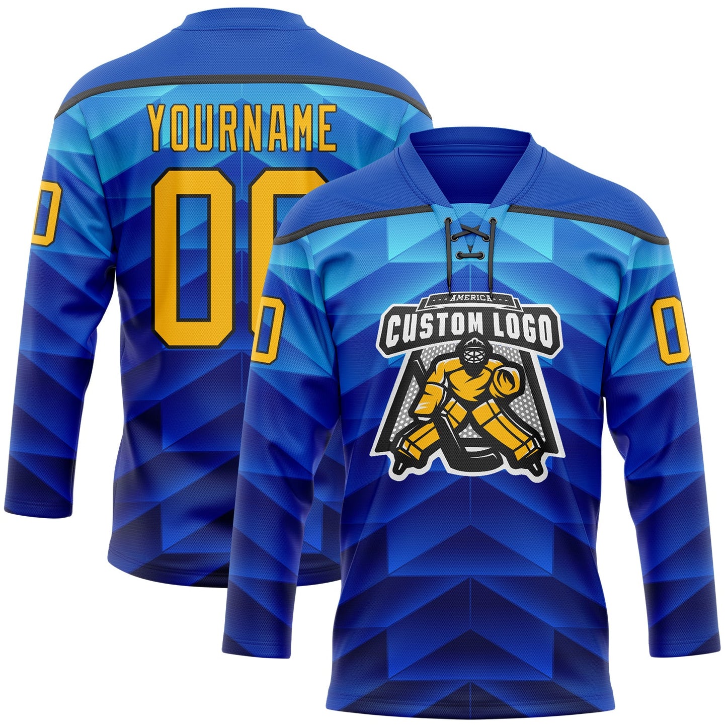 Custom Blue Gold-Black Abstract Gradient Halftone Pattern Hockey Lace Neck Jersey view 2