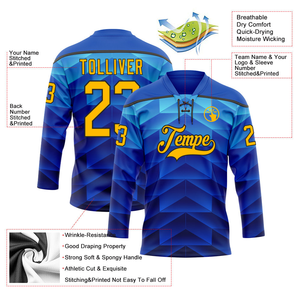 Custom Blue Gold-Black Abstract Gradient Halftone Pattern Hockey Lace Neck Jersey view 5