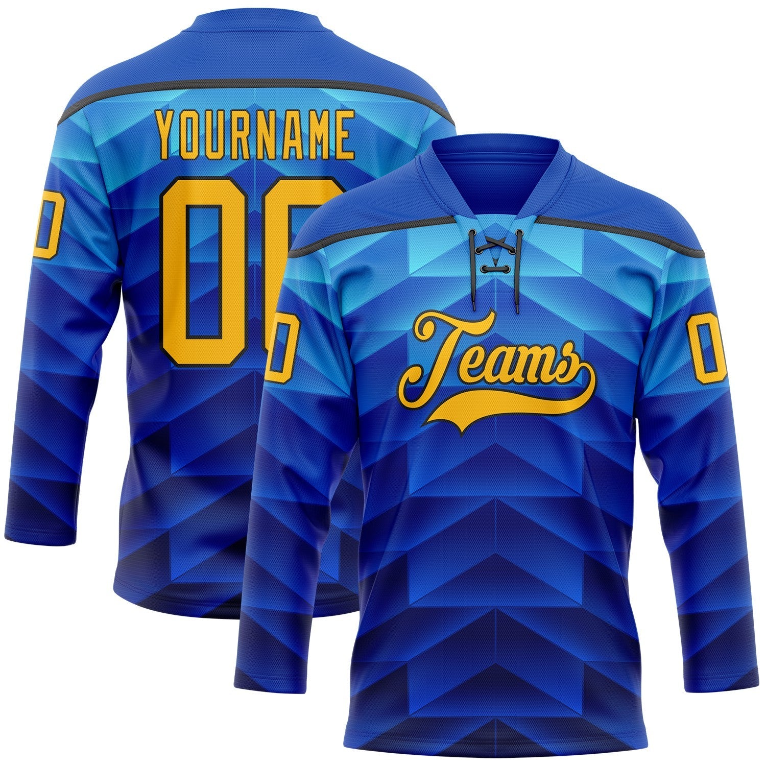 Custom Blue Gold-Black Abstract Gradient Halftone Pattern Hockey Lace Neck Jersey - Main View