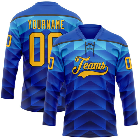 Custom Blue Gold-Black Abstract Gradient Halftone Pattern Hockey Lace Neck Jersey - Main View