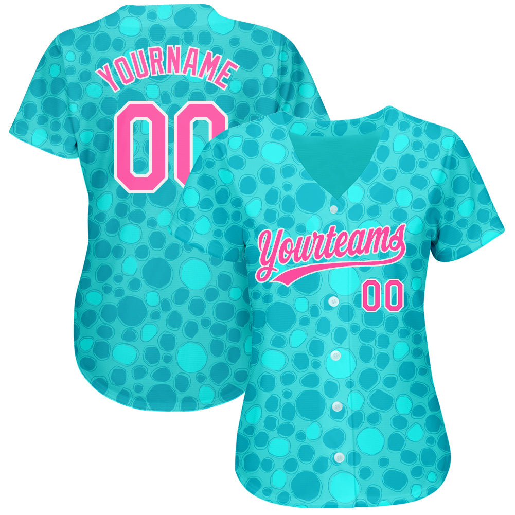 Custom Aqua Pink-White 3D Pattern Design Authentic Baseball Jersey view 2