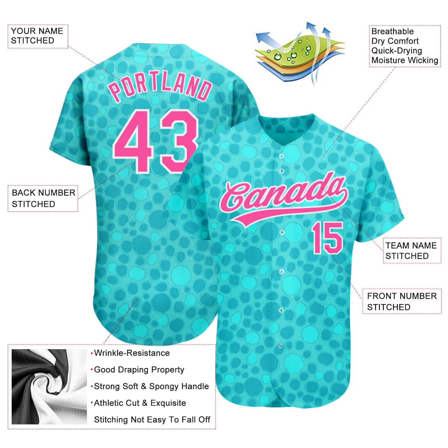 Custom Aqua Pink-White 3D Pattern Design Authentic Baseball Jersey view 3