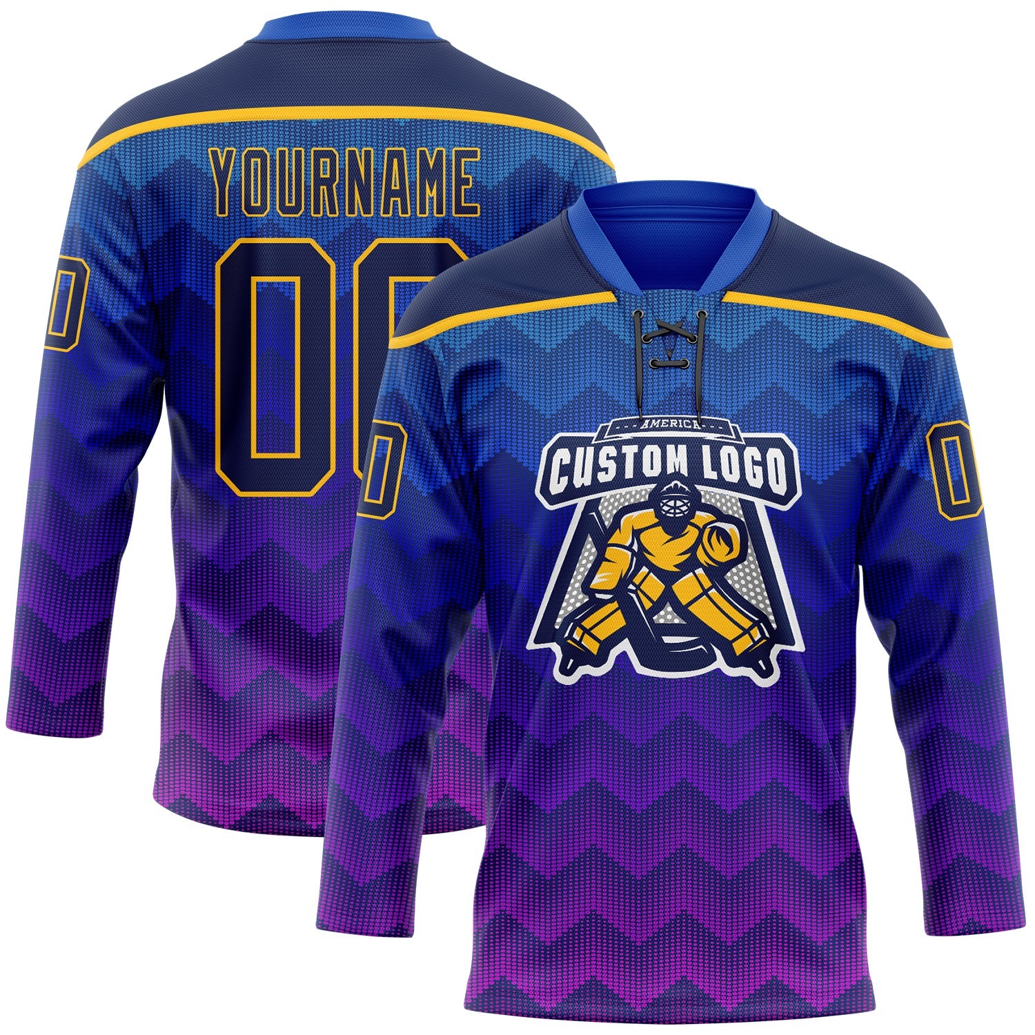 Custom Blue Navy Purple-Gold Abstract Gradient Halftone Pattern Hockey Lace Neck Jersey view 2
