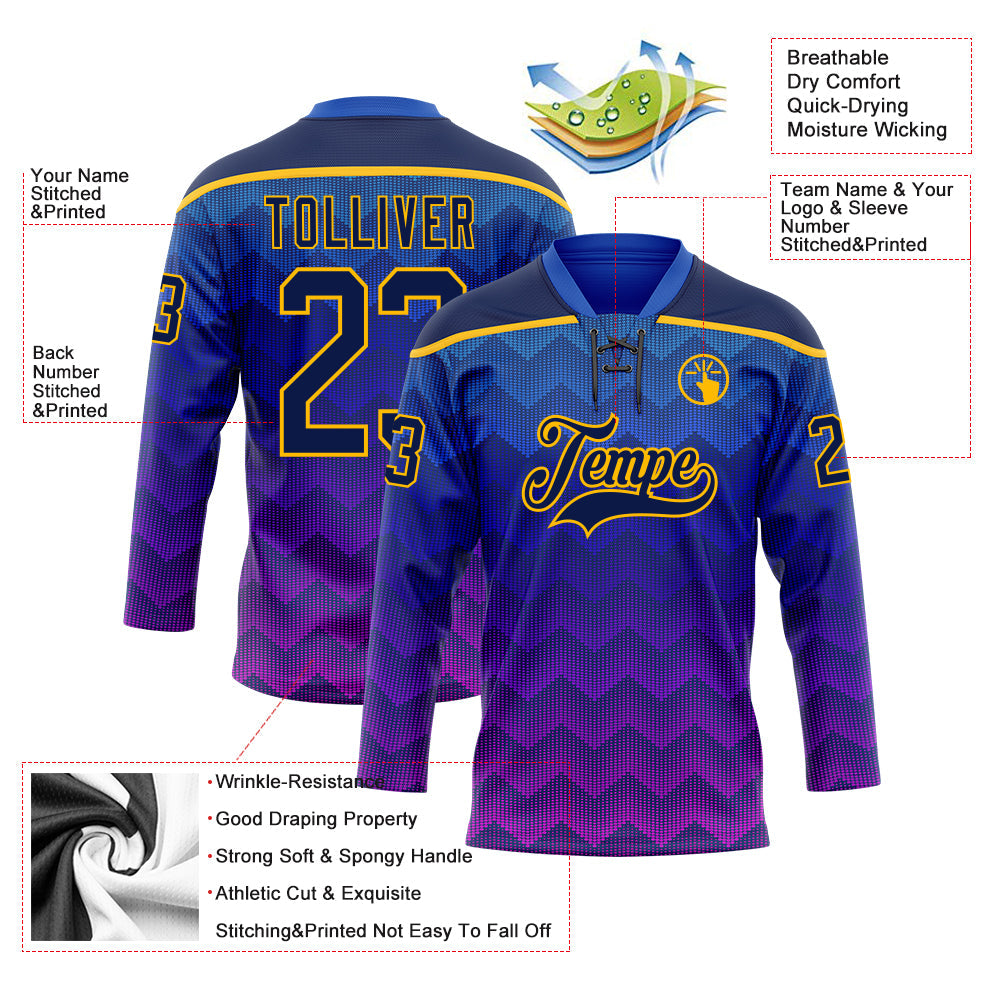 Custom Blue Navy Purple-Gold Abstract Gradient Halftone Pattern Hockey Lace Neck Jersey view 5