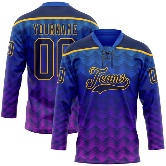 Custom Blue Navy Purple-Gold Abstract Gradient Halftone Pattern Hockey Lace Neck Jersey - Main View