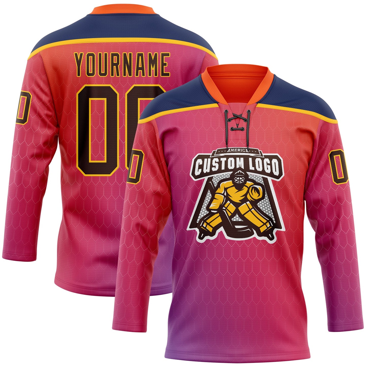 Custom Orange Brown Red Navy-Gold Abstract Gradient Halftone Pattern Hockey Lace Neck Jersey view 2