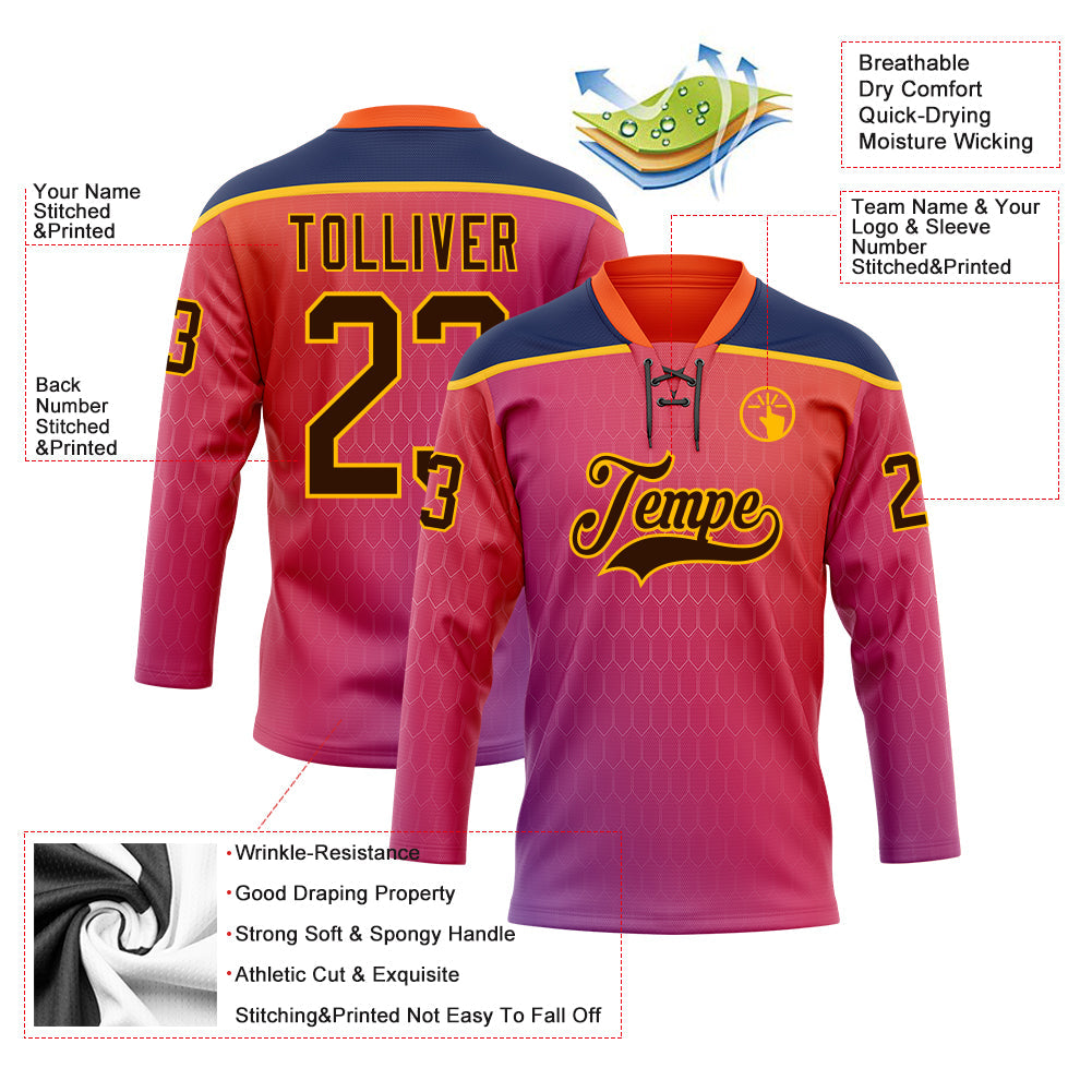 Custom Orange Brown Red Navy-Gold Abstract Gradient Halftone Pattern Hockey Lace Neck Jersey view 5