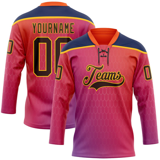 Custom Orange Brown Red Navy-Gold Abstract Gradient Halftone Pattern Hockey Lace Neck Jersey - Main View