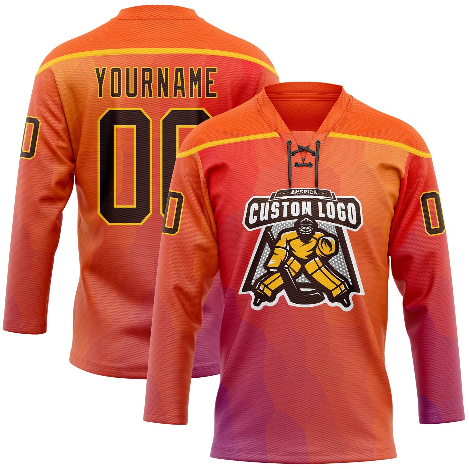 Custom Orange Brown Red Navy-Gold Abstract Gradient Halftone Pattern Hockey Lace Neck Jersey view 2