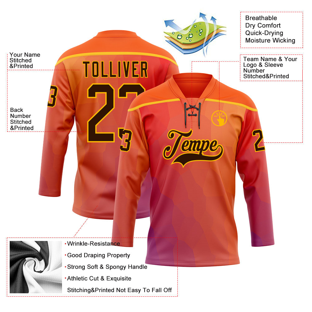 Custom Orange Brown Red Navy-Gold Abstract Gradient Halftone Pattern Hockey Lace Neck Jersey view 5