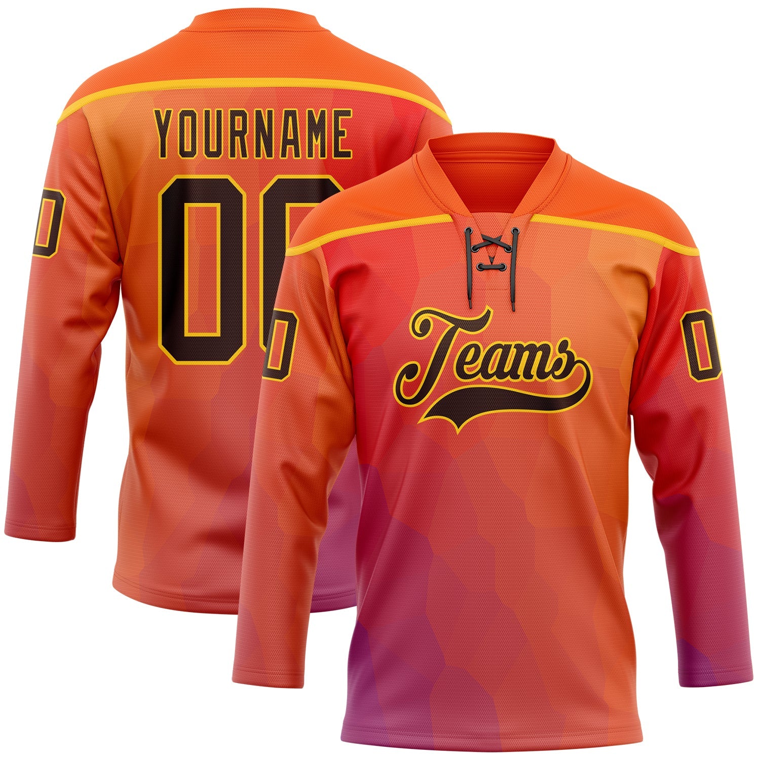 Custom Orange Brown Red Navy-Gold Abstract Gradient Halftone Pattern Hockey Lace Neck Jersey - Main View